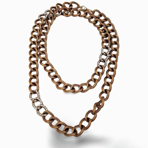 Crystal Accented Antique Gold Tone Chunky Heavy Curb Link Chain Necklace  JW1546 - Picture 1 of 5